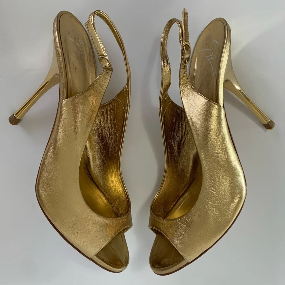 Giuseppe Zanotti Design Gold Leather slingback peeptoe heels EU size 39.5 US 9.5 - Picture 12 of 15